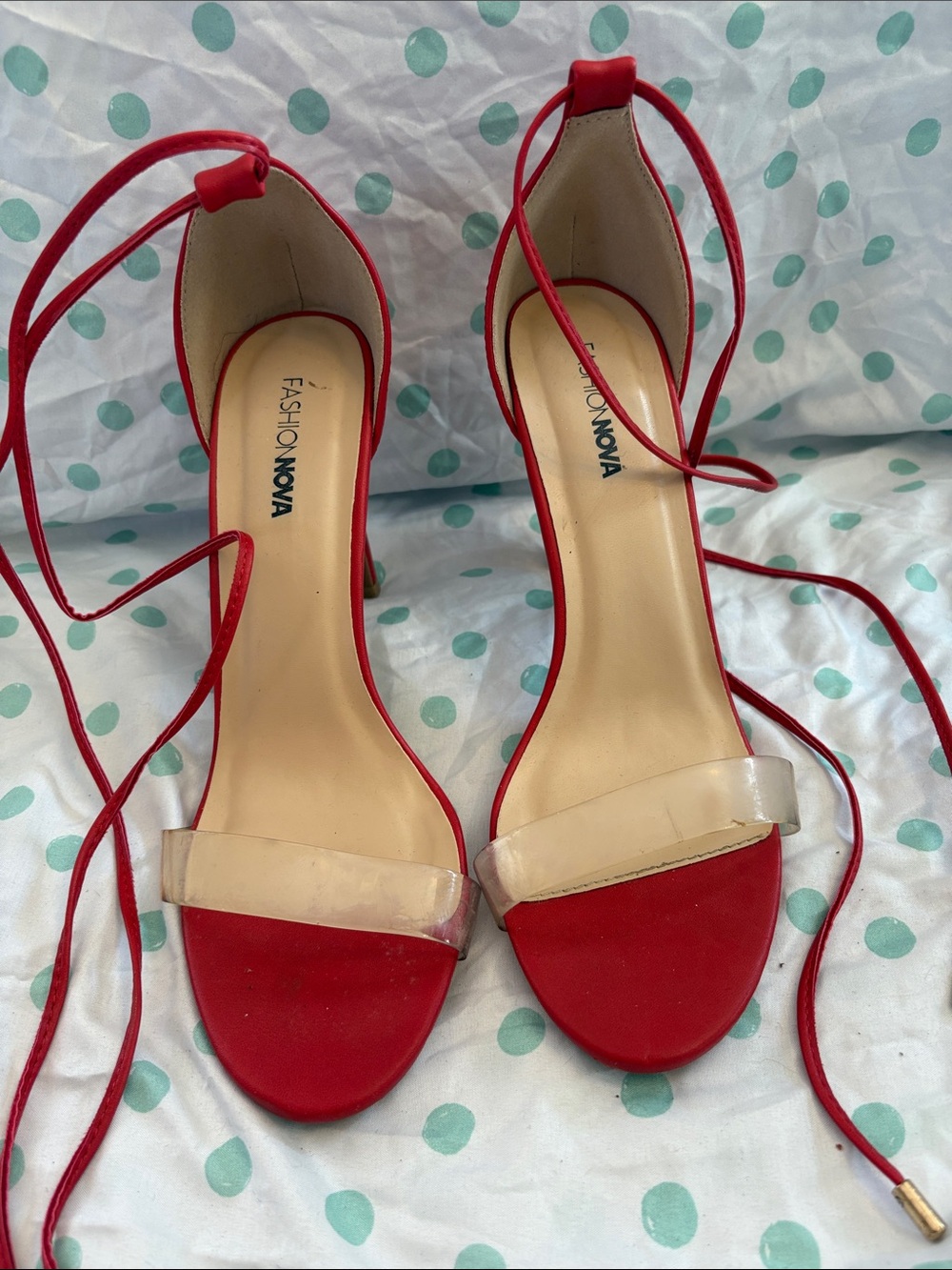 Fashion Nova Red Lace-Up Sandals with Clear Strap
